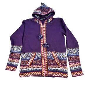 Alpaca Connection Purple Full Zip Hooded Sweater Women Large Peru Fair Isle Knit